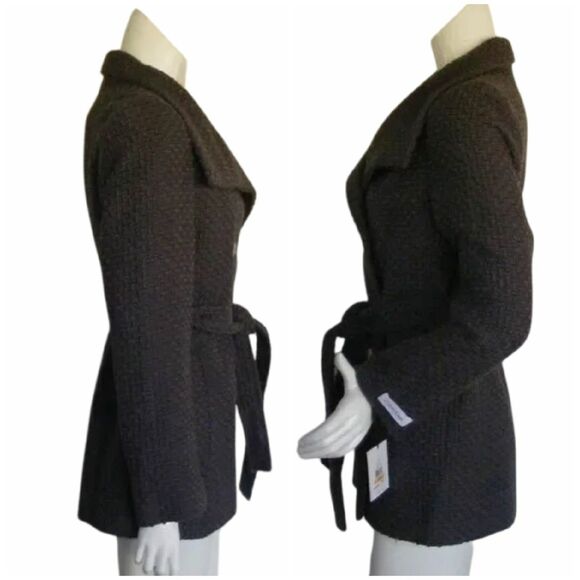 new CALVIN KLEIN Overcoat, S, Basket weave, Gray, Sash Belt, Double Breasted - Picture 9 of 15